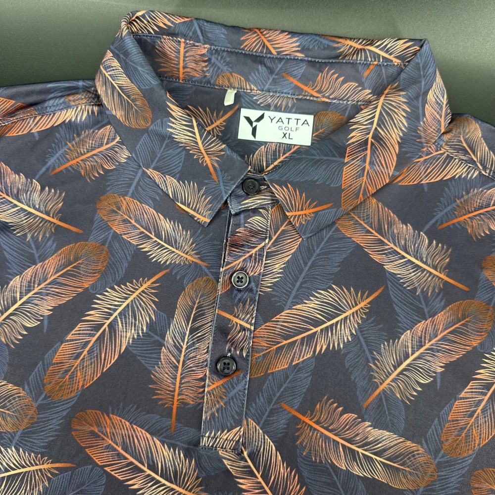 Yatta Golf Polo Shirt Mens XL Navy Blue Orange Feather Print Performance S/S